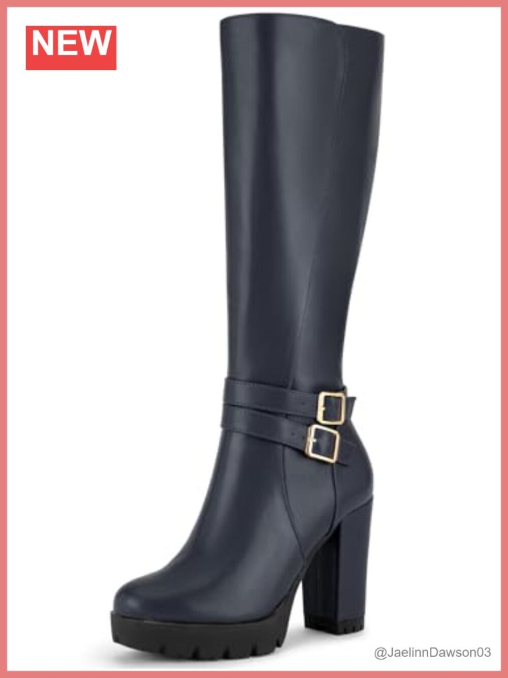 Faux Leather Chunky Heel Knee High Biker Boots Round Toe Zip